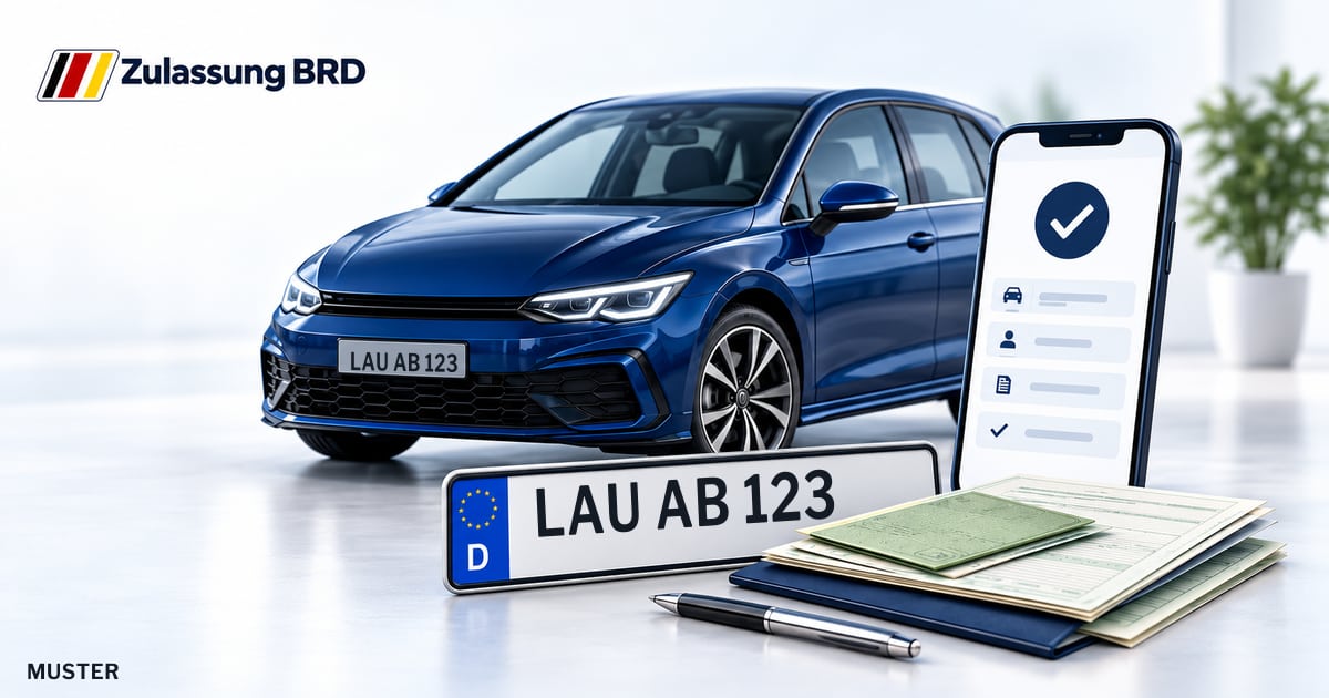 Online Fahrzeugzulassung in Lauf a.d.Pegnitz: Musterkennzeichen LAU AB 123, Auto und Fahrzeugpapiere und Smartphone. Illustration mit Logo von Zulassung BRD.